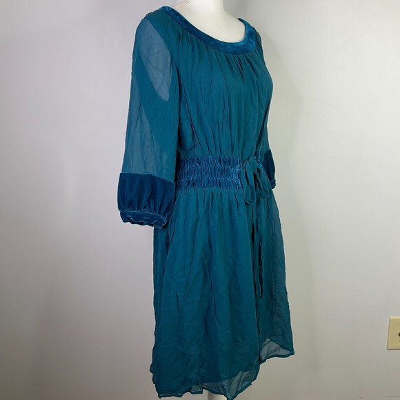Eley Kishimoto Dress Women Size 4 Teal Blue Silk Sheer Lined Elastic Waist - Picture 4 of 14